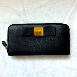 PRADA Saffiano Lux Leather Continental Wallet Bow Zip Around Black